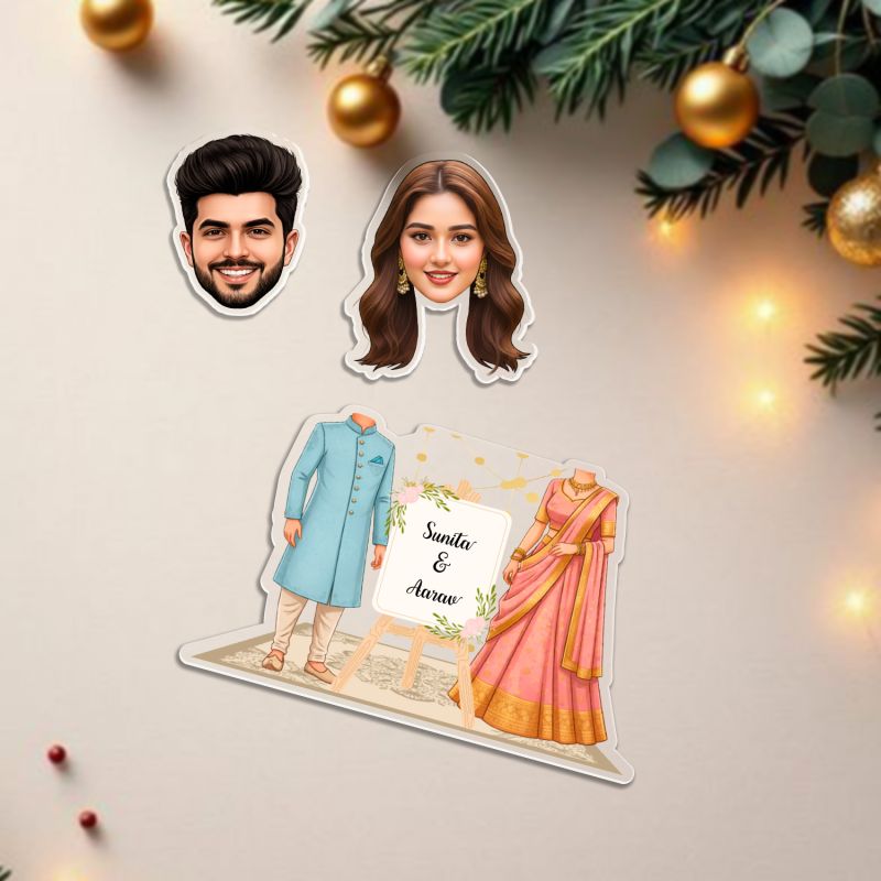 Personalized Indian Couple Bobblehead Caricature with Battery Powered Shaking Head Feature Custom Couple Cartoon Face Cutout Wedding Gift for Friends, Brother, Sister & Colleagues